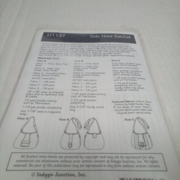 Sewing Pattern Indygo Junction Side Note Satchel IJ1137 Bag Purse - Picture 6 of 6